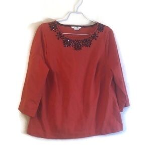 BODEN || Womens Orange Ponte Knit Navy Beaded Accent Fitted Top || Size 14